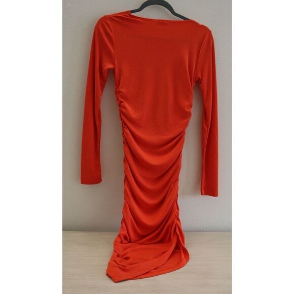 Monrow Women's Sz S Tangerine Orange Ruched Long Sleeve Midi Bodycon Dress - Picture 2 of 3
